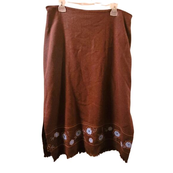 Vintage Wool Blend Floral Embroidered Maxi Skirt Brown W/Powder Blue Flowers 14W - Picture 1 of 8
